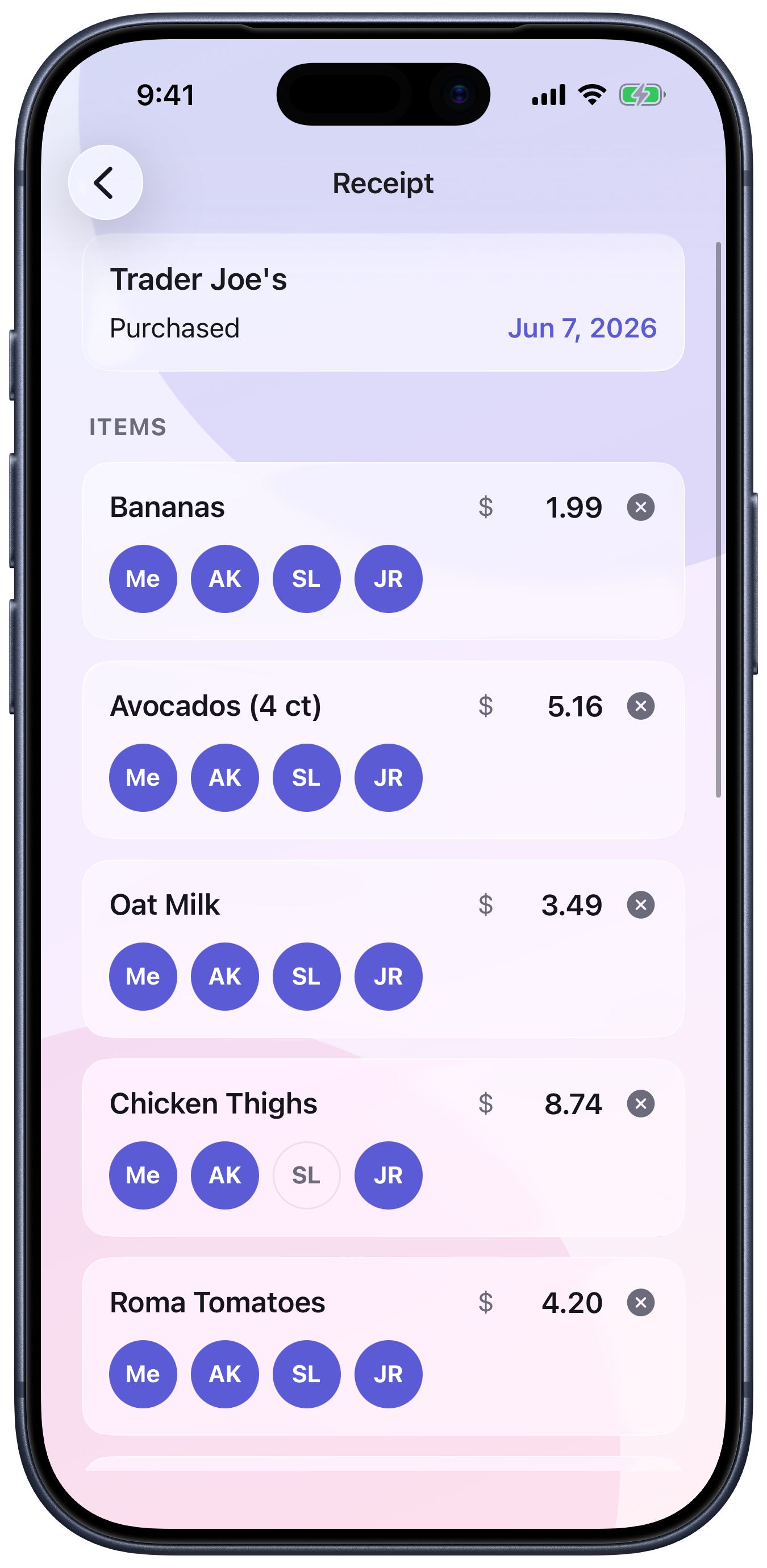 Evenly receipt — per-item exclusions