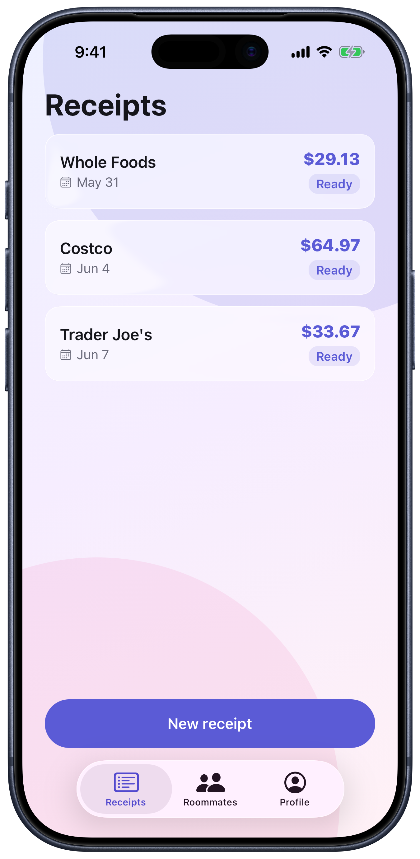 Receipts list